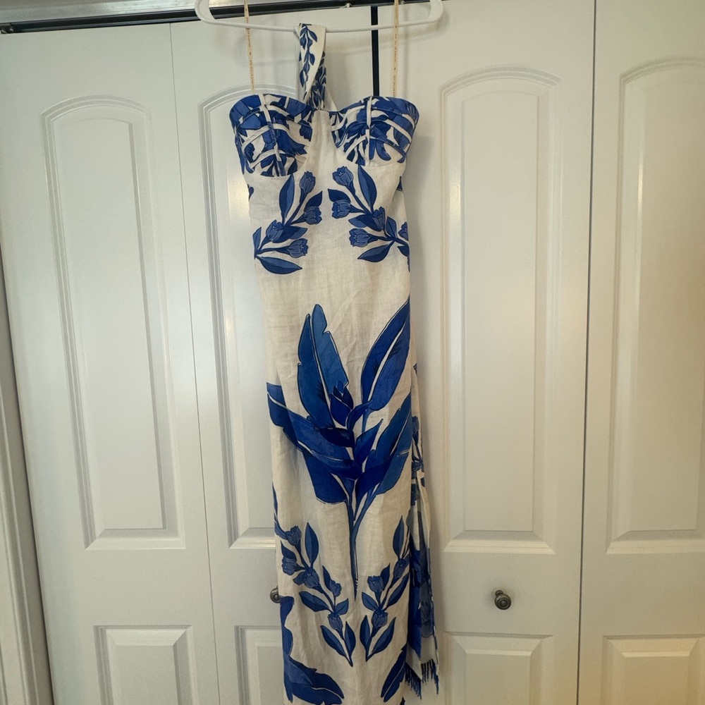 FARM Rio White Maxi Dress with Bold Blue Leaf Print
